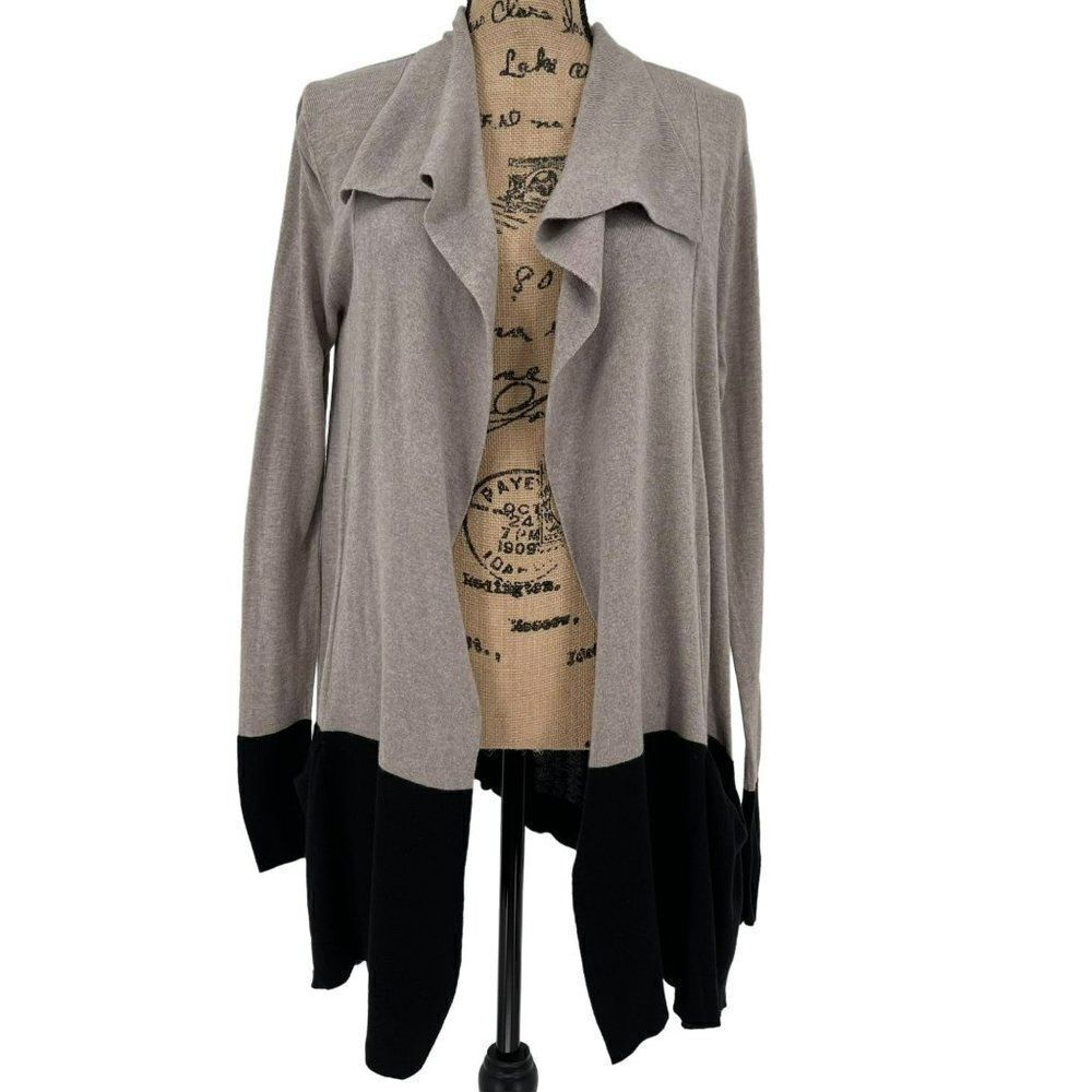 White + Warren Open Waterfall Front Long Sleeve Cardigan Sweater Taupe Small‎